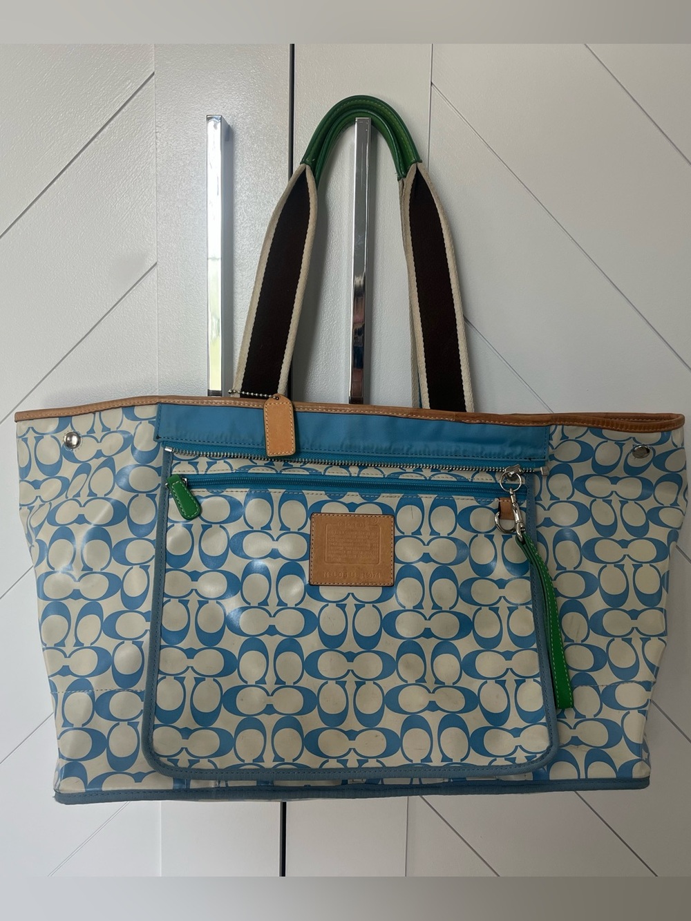 Coach Blue & Cream Signature Tote with Green Trim